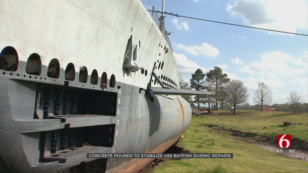 USS Batfish Stabilized With Concrete During Flood Repairs 