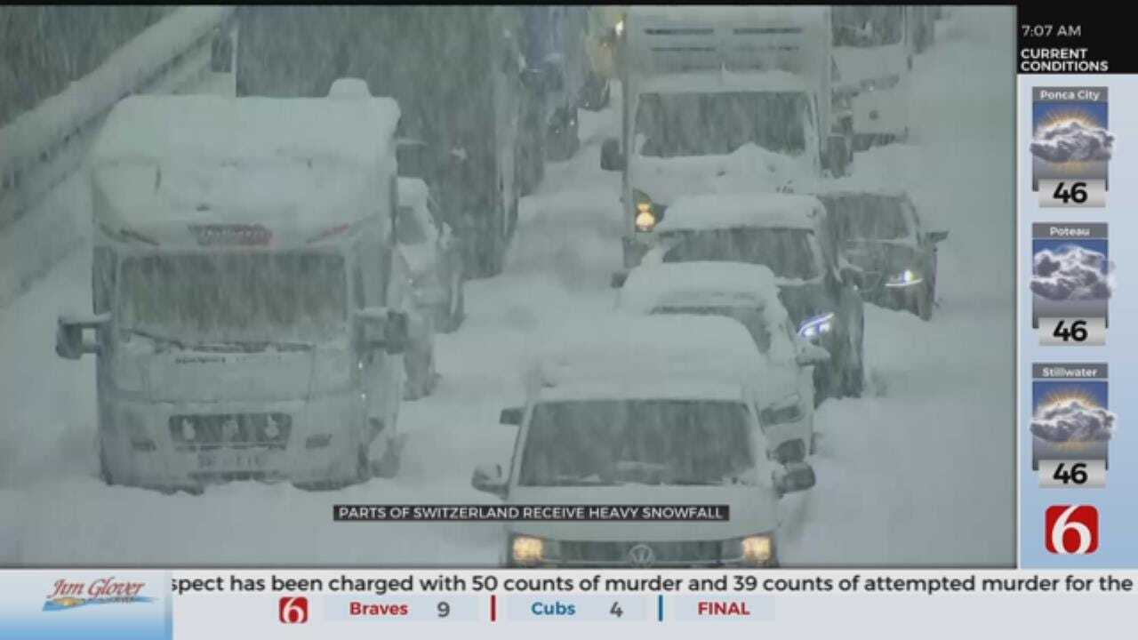 WATCH: Snow Causes Traffic Issues In Switzerland