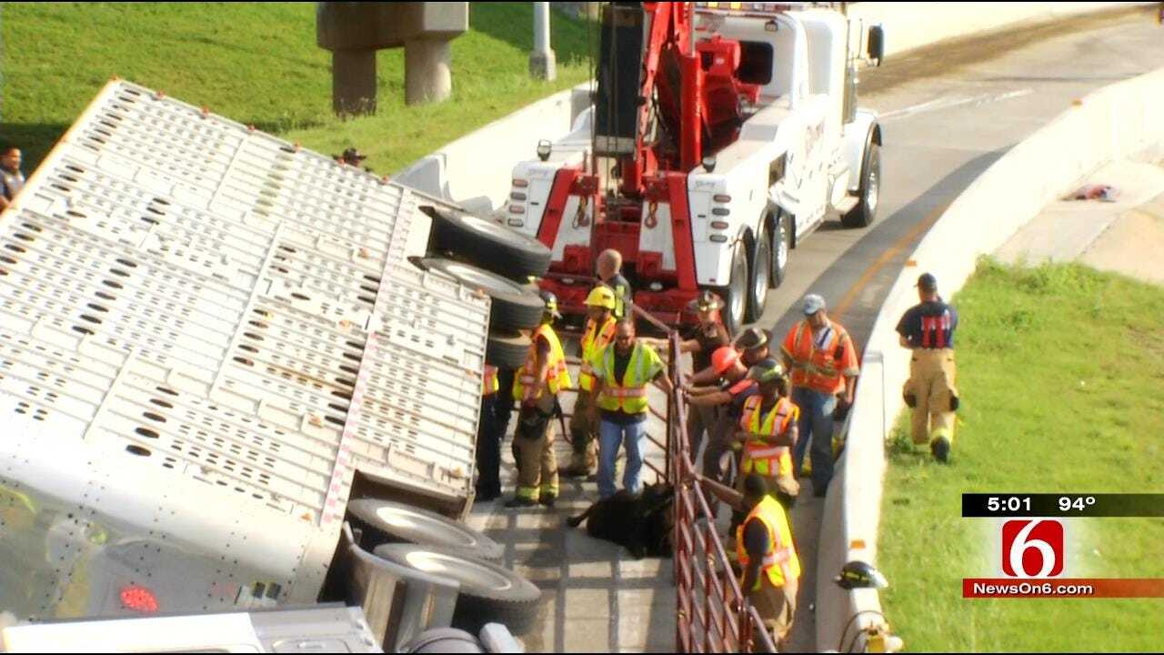 Crews Work All Day To Clean Overturned Cattle Truck On Tulsa Highway