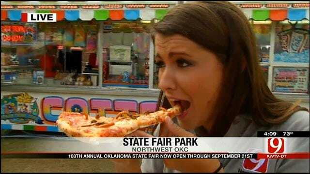 News 9's Lacey Swope Scarfs On Bug-Covered Pizza At Oklahoma State Fair