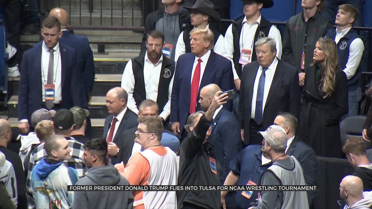 Former President Donald Trump Flies Into Tulsa For NCAA Wrestling Tournament
