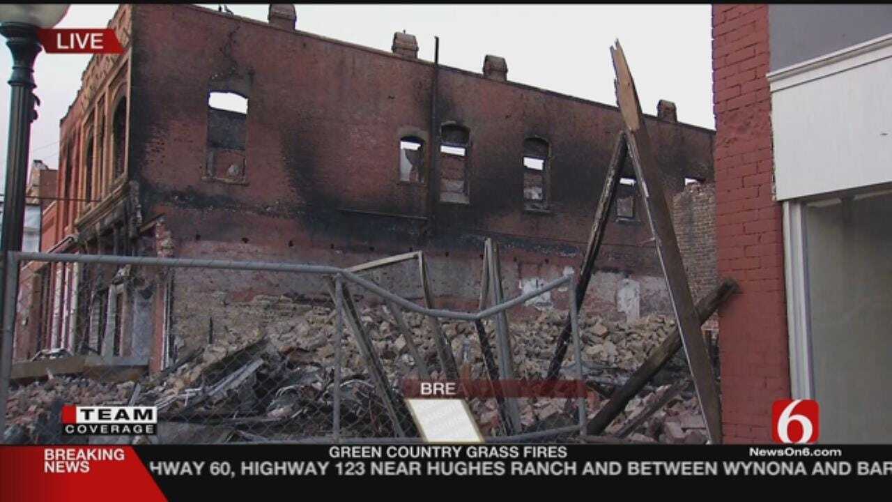 Strong Winds Knocking Down Burned Buildings In Downtown Wagoner