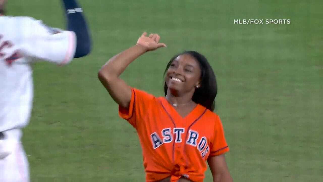 Simone Biles Back Flips Before Throwing First Pitch In World Series Game 2
