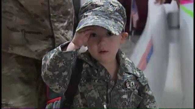 Three-Year-Old Son Greets Tulsa Soldier Dad With A Salute