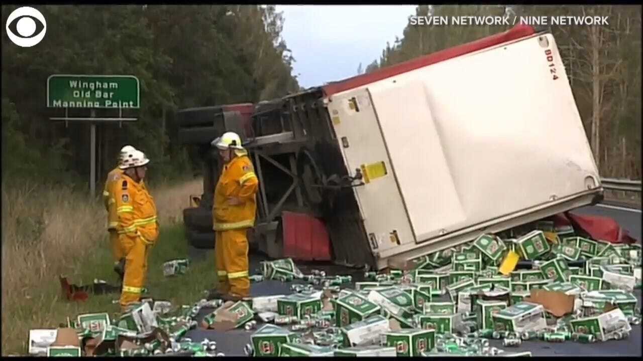 WATCH: Hundreds Of Cases Of Beer Destroyed In Australia Truck Crash