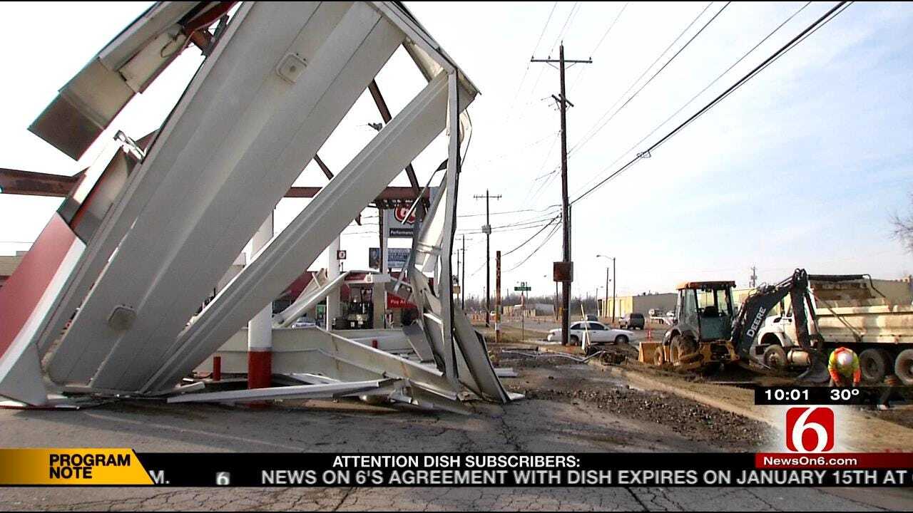 Water Main Break Tears Canopy Off Tulsa Gas Station
