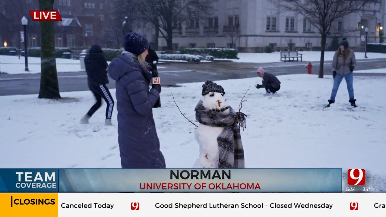 Snow Accumulates On University Of Oklahoma Campus