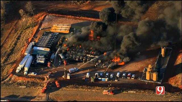 WEB EXTRA: SkyNews 9 Flies Over Large Fire At Fracking Site Near Chickasha