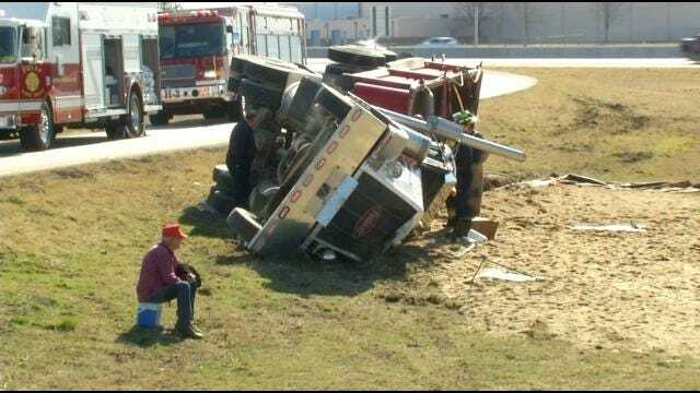 Truck Wreck Leaves Sandy Mess Next To Highway 169 In Tulsa