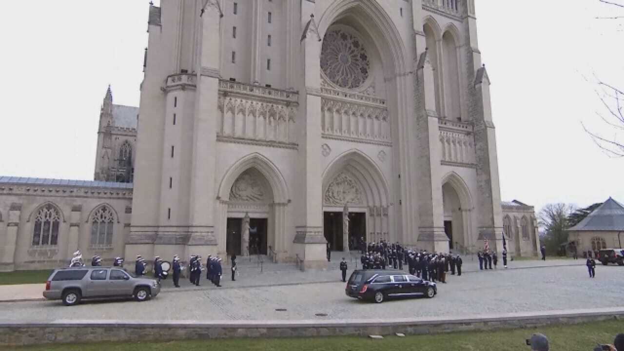 President George HW Bush's Casket Arrives At The National Cathedral
