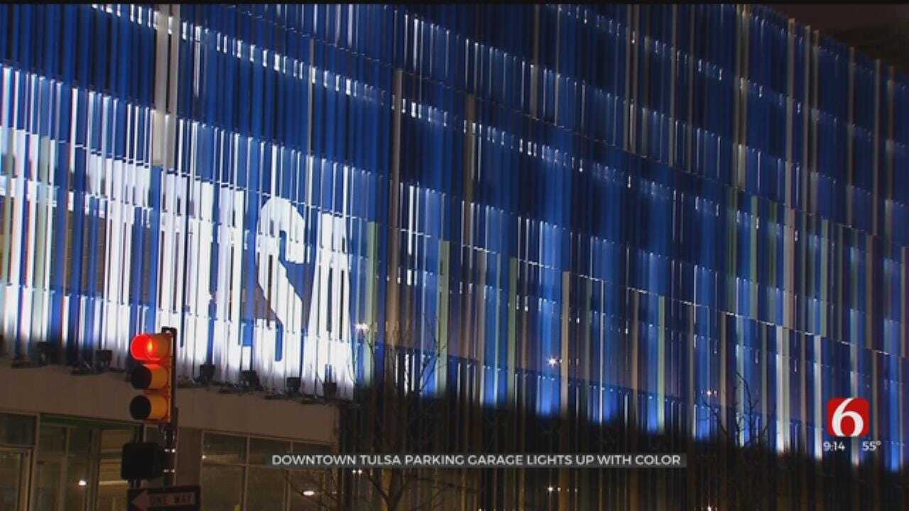 Downtown Tulsa Parking Garage Lights Up With Color