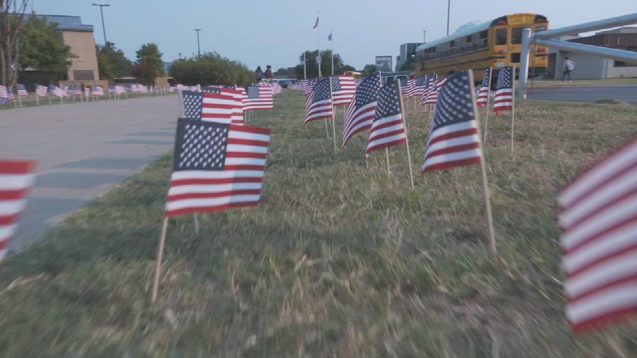 Jenks High School Students Place Nearly 3,000 Flags In Remembrance Of 9/11 Victims