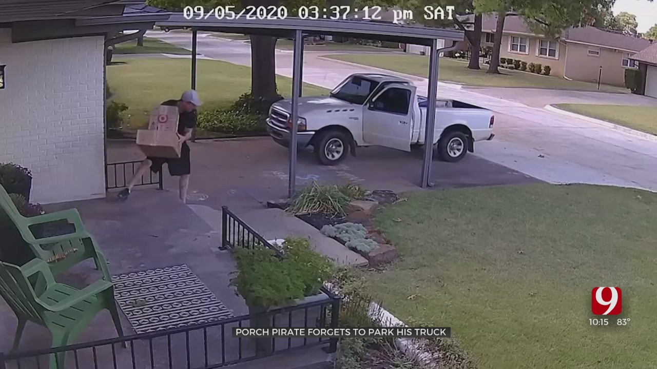 WATCH: OKC Porch Pirate Forgets To Park Truck, Rolls Backwards Mid-Theft