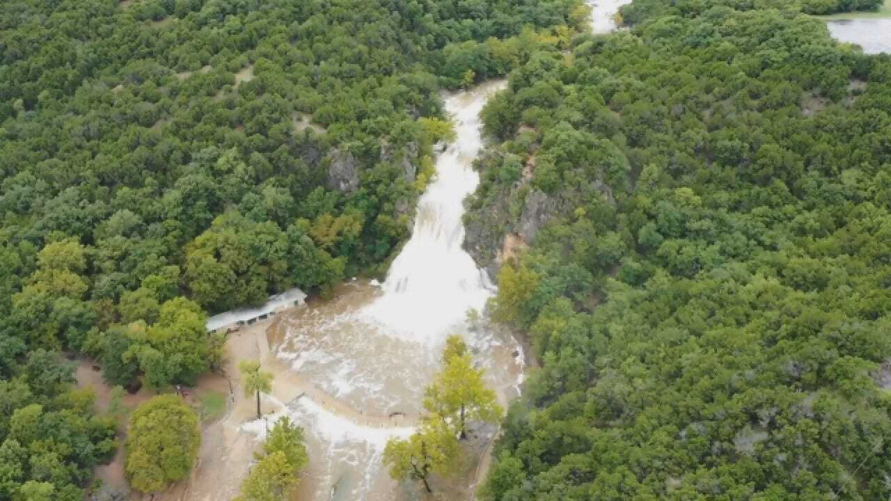 Drone Footage Captures Raging Waters At Turner Falls