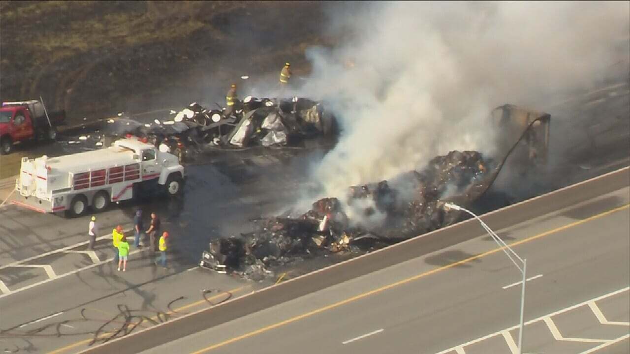 2 Semis Crash, Catch Fire On I-44 Near Big Cabin