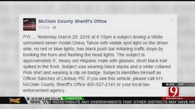 McClain County Sheriff's Office Warns Against Police Officer Impersonator