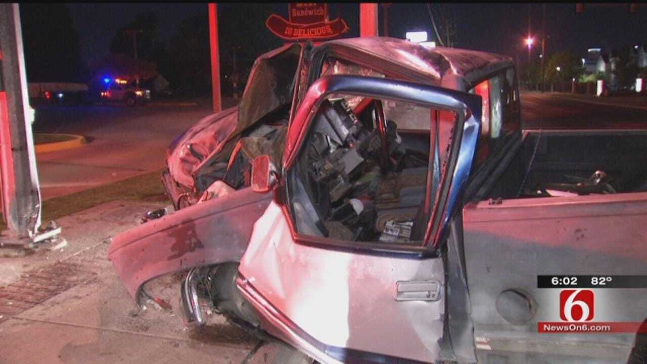 Police: Driver Alive After Slamming Pickup Into Tulsa Light Pole