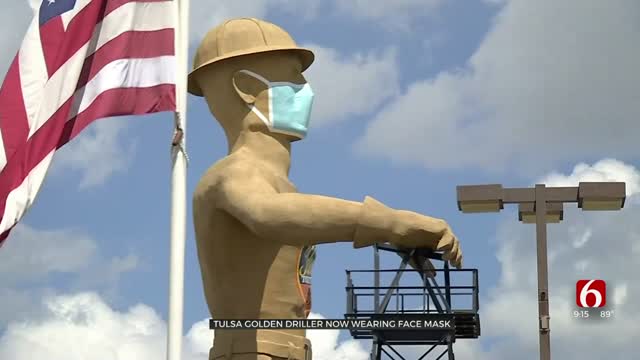 Tulsa Golden Driller Now Wearing Face Mask 