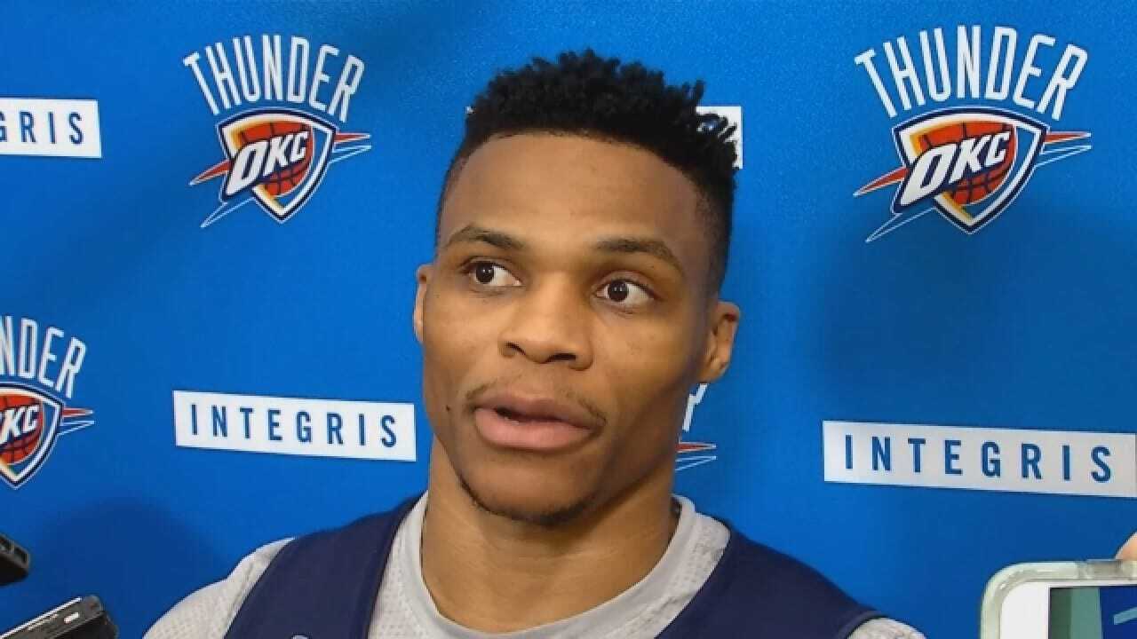 Russell Westbrook Talks With Reporters After Monday's Practice