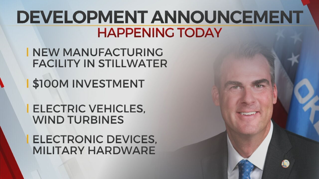 Governor Kevin Stitt To Announce New Manufacturing Facility Coming To Stillwater 