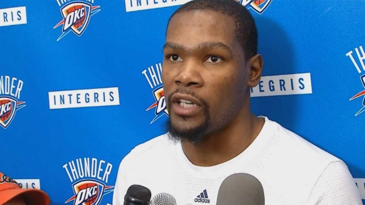 Kevin Durant Talks With Reporters At Saturday's Practice