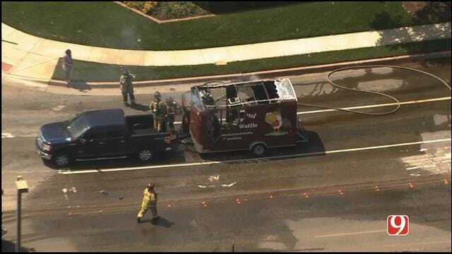 WEB EXTRA: SkyNews 9 Flies over Food Truck Fire In NW OKC