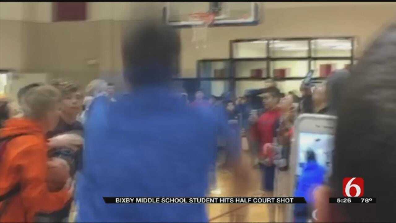 Bixby Middle School Special Olympian Nails Half-Court Shot
