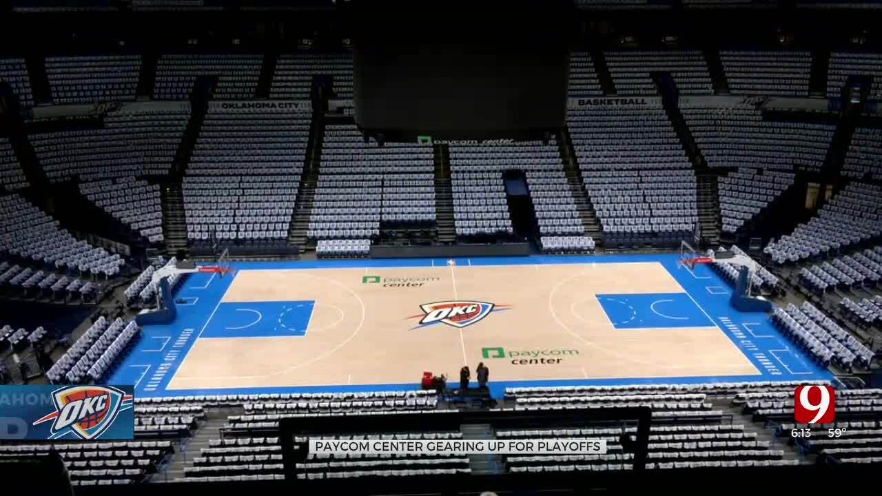 OKC Thunder Playoff Shirts Placed On Paycom Center Seats Ahead Of Sunday's Matchup With Pelicans