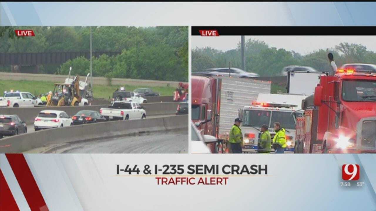 Traffic Alert: Semi Crashes Into Retaining Wall On I-44 at I-235