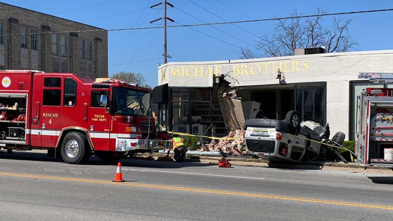 2 Recovering After Car Flips, Crashes Into Tulsa Business