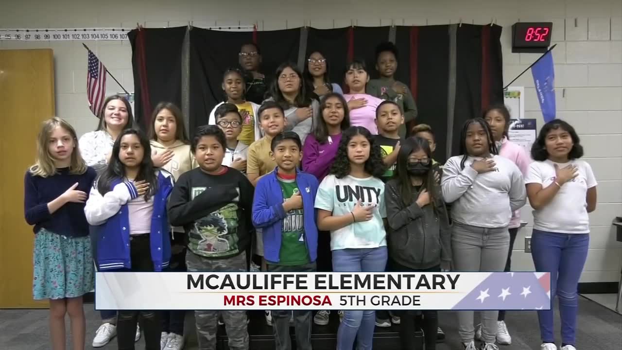 Daily Pledge: Mrs. Espinosa's class From McAuliffe Elementary