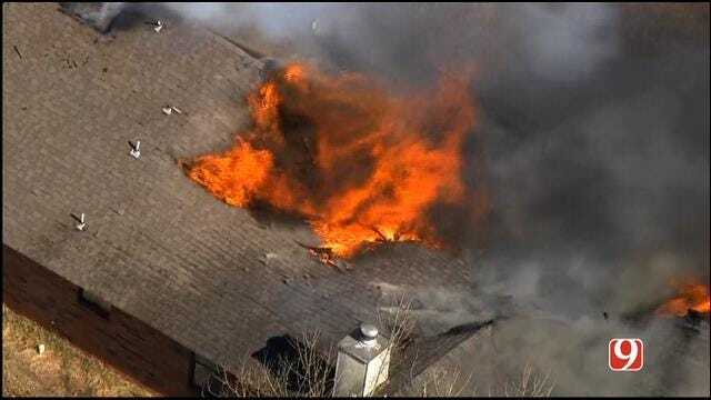 WEB EXTRA: Bob Mills SkyNews 9 HD Flies Over House Fire Near Mustang