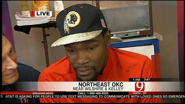 Kevin Durant Answers Phones At News 9/Red Cross Phone Bank