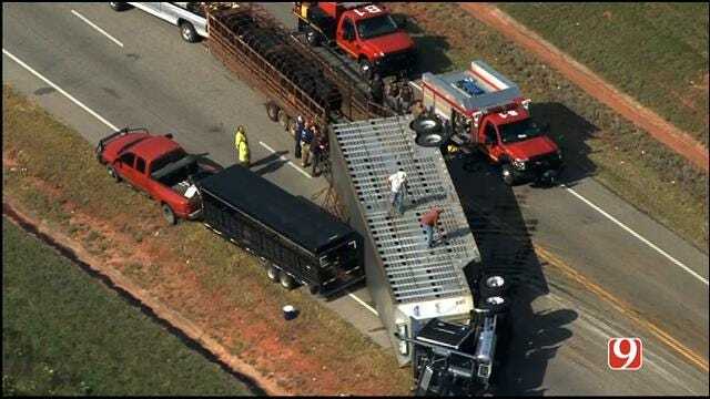 WEB EXTRA: SkyNews 9 Flies Over Overturned Cattle Truck South Of Shawnee