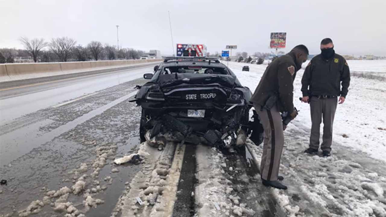 Driver Loses Control On Slick Road, Smashes Into Oklahoma Highway Patrol Car
