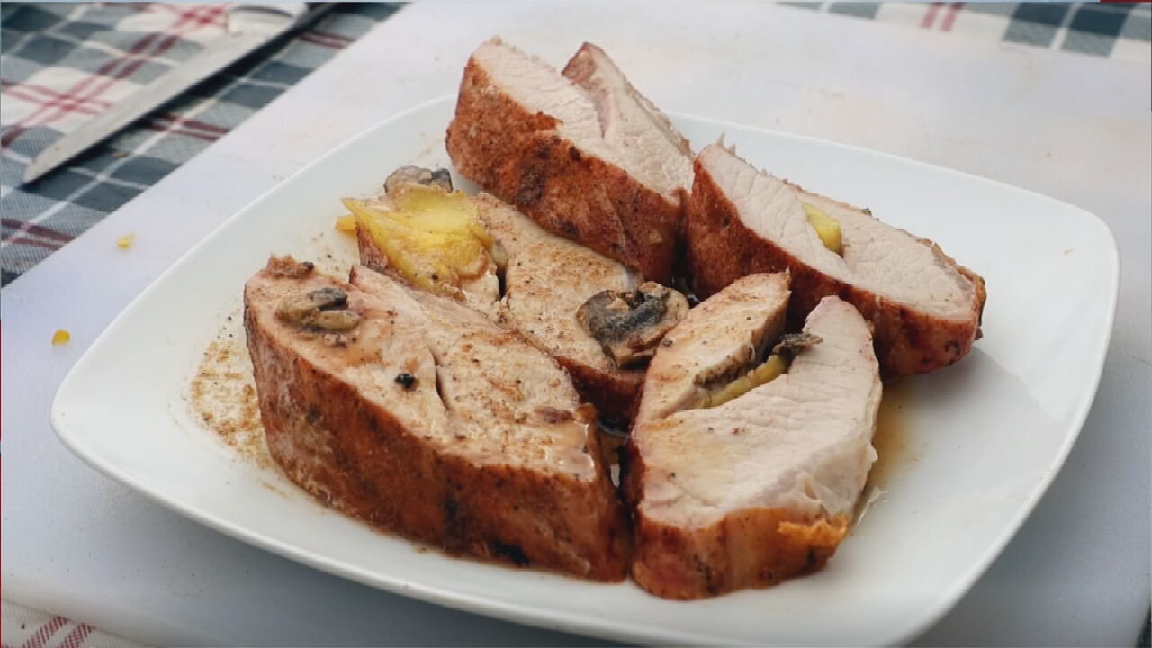 BBQ Stuffed Pork Sirloin Roast With Roasted Corn & Pepper Salad