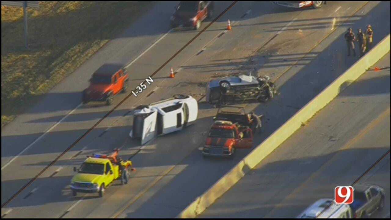 WEB EXTRA: SkyNews 9 Flies Over Double Rollover Wreck On I-35 In Edmond