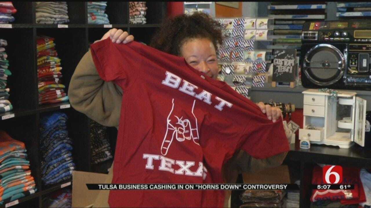 OU Fans Love 'Horns Down' T-Shirt Design At Tulsa Business