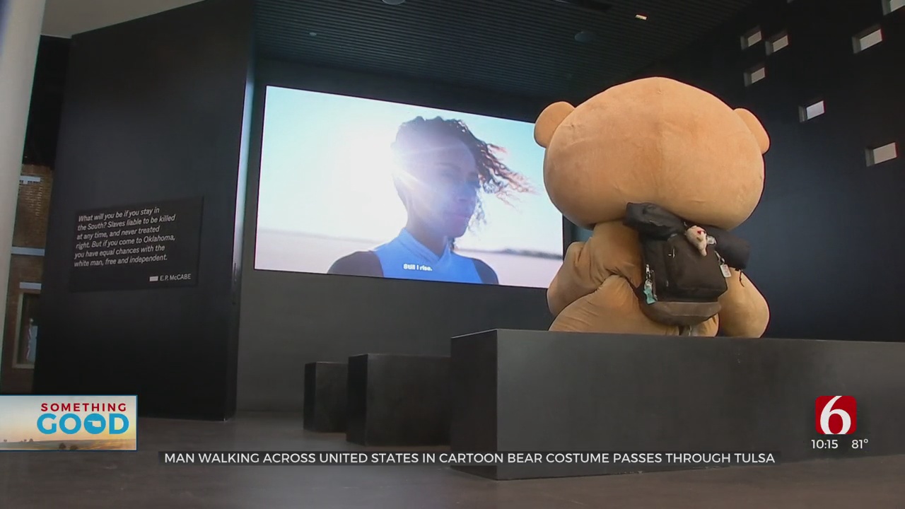 Man Walking Across United States In 75-Pound Cartoon Bear Costume Passes Through Tulsa